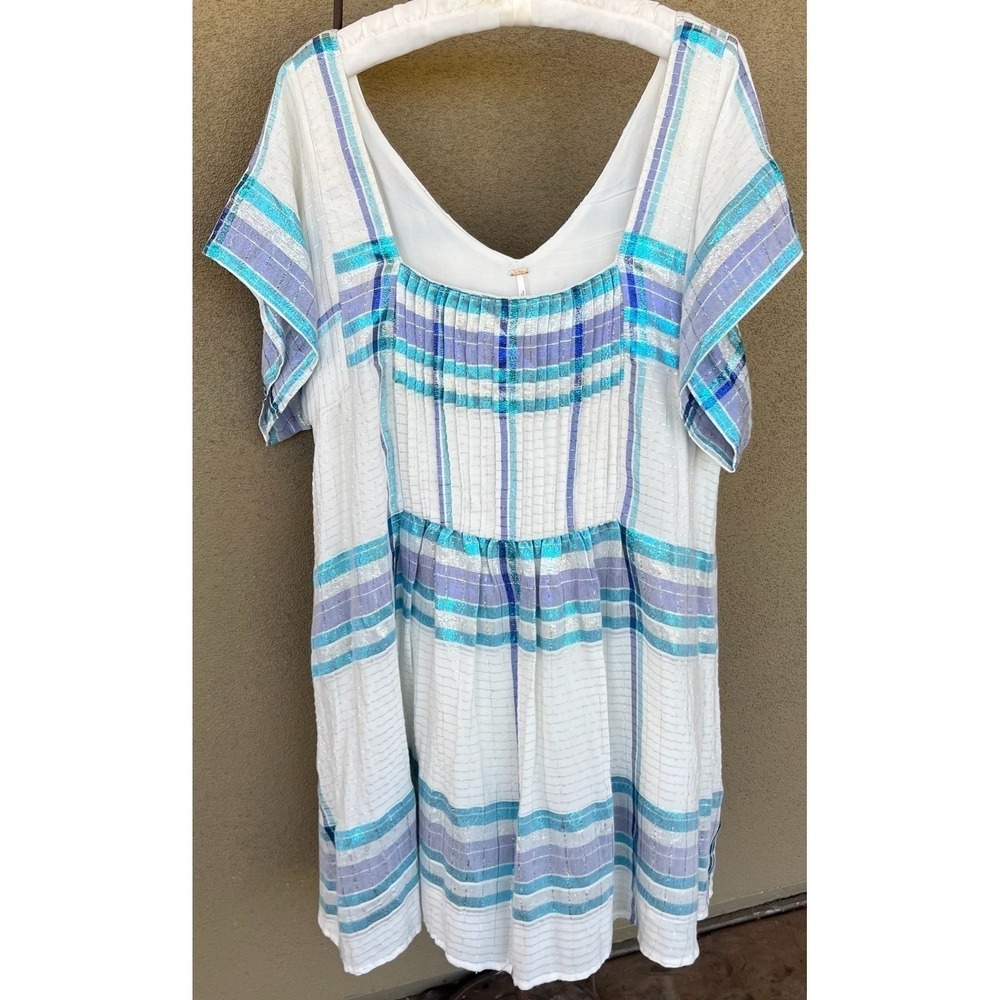 Free People Barcelona Shimmer Plaid Mini Dress Metallic Sparkle Boho Beach Large - Picture 11 of 12